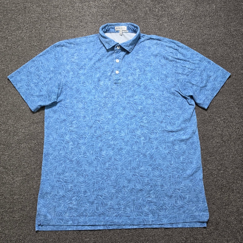 Peter Millar Polo Shirt Blue Mens Large Pilot Mills Palm Print Pima Cotton Golf